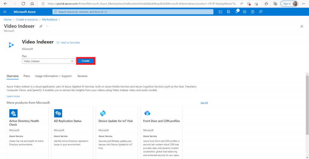 Vyhledání služby Azure Video Indexer v Marketplace na Azure portálu.