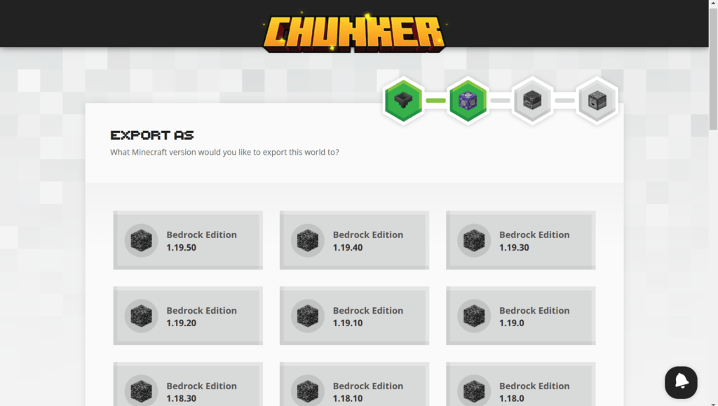 Screenshot zachycující rozhraní aplikace Chunker.app s přehledem verzí, do kterých lze svět převést.