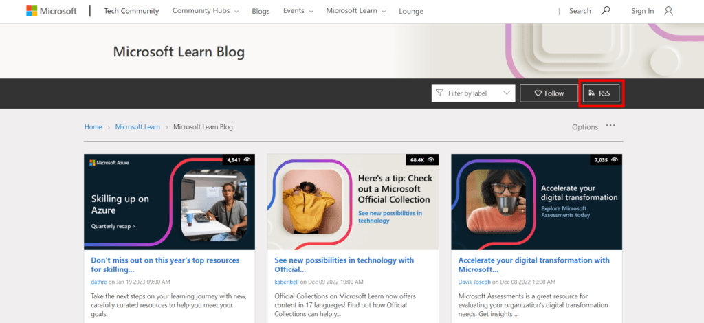 Zobrazuje domovskou stránku Microsoft Learn Blogu. V pravém horním rohu je červeně zvýrazněno tlačítko RSS.