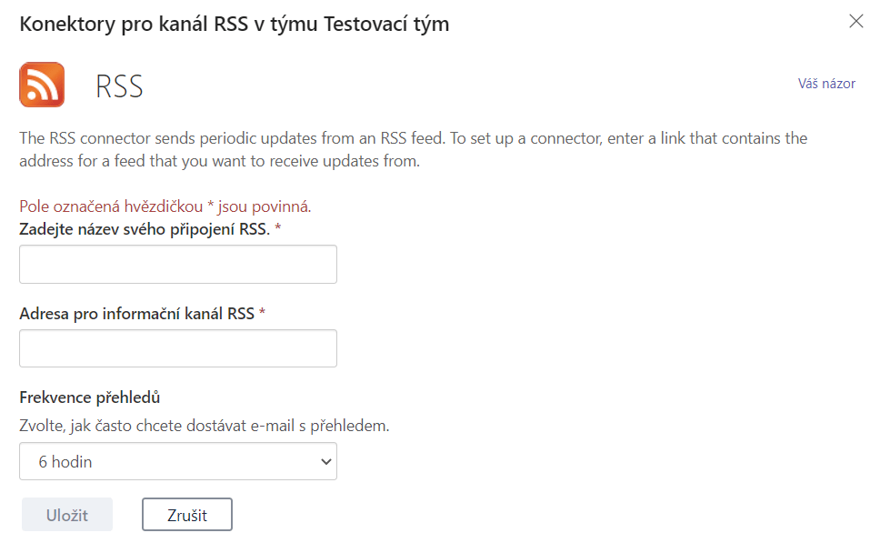 Otevřená konfigurace RSS konektoru. Je vyžadován název připojení, adresa informačního kanálu a frekvence přehledů.