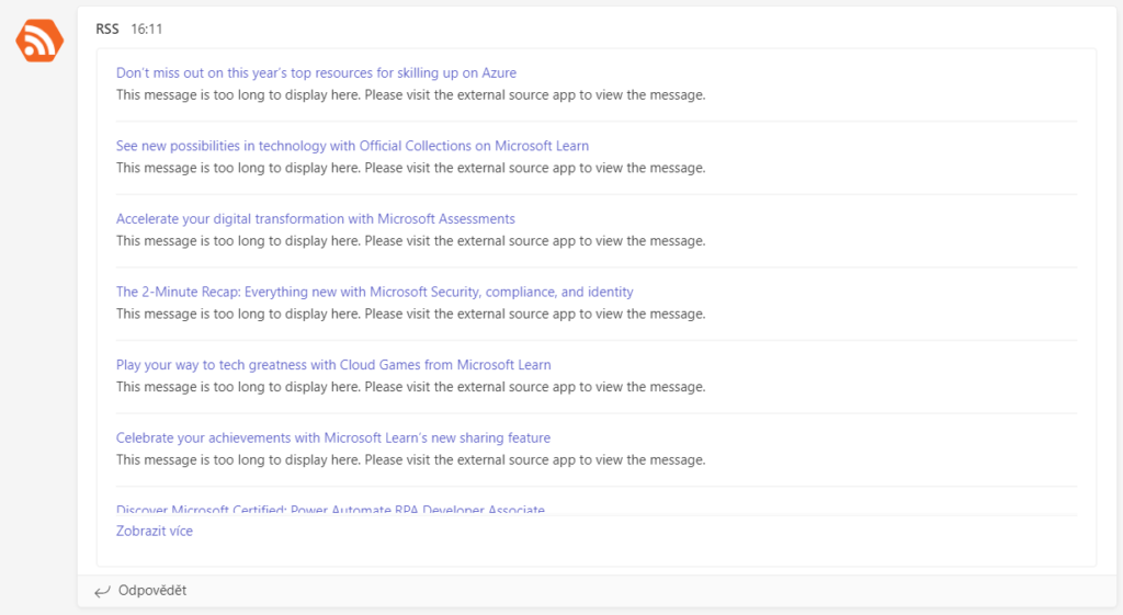Ukázka odeslané zprávy konektorem RSS. Obsahuje názvy nejnovějších článku na Microsoft Learn Blogu.