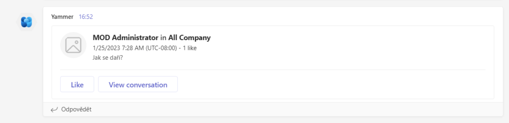 Yammer - ukázka obdržené zprávy
