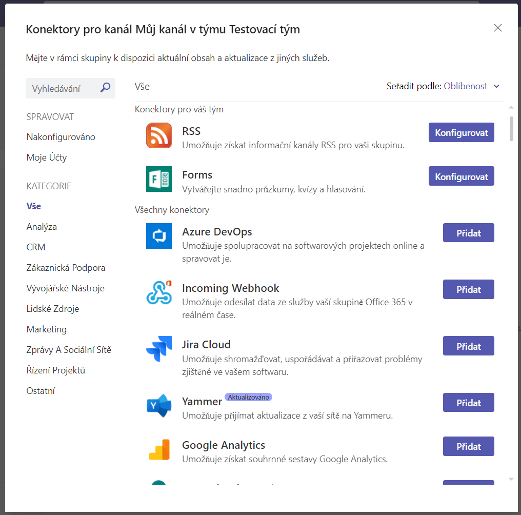 Otevřené okno s přehledem různých konektorů v Microsoft Teams.