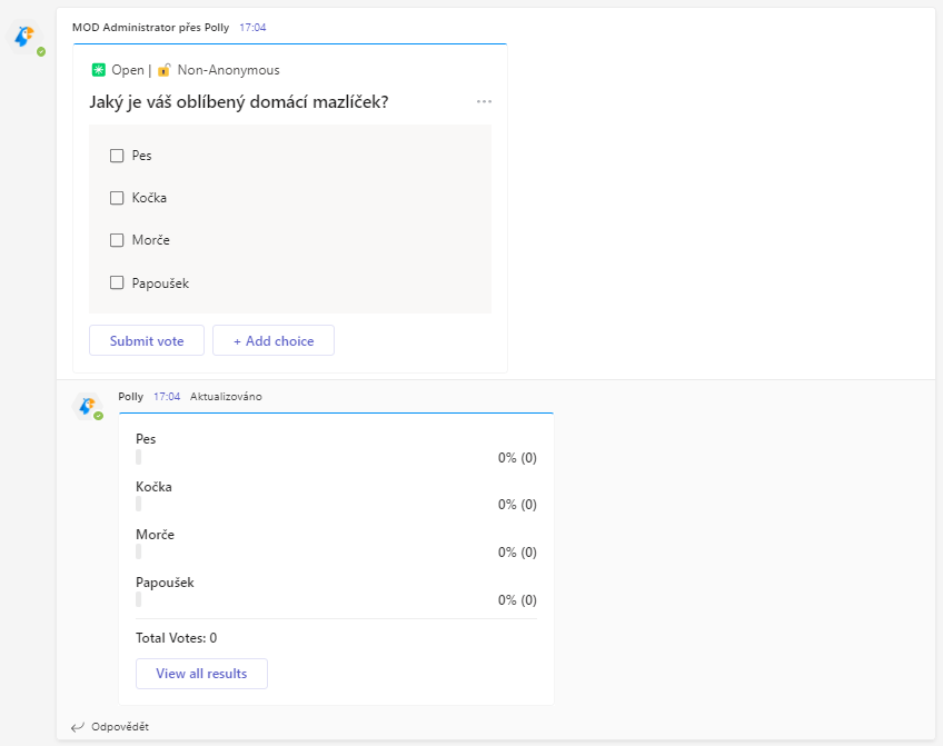 Ukázka ankety v kanálu v Microsoft Teams vytvořené pomocí robota Polly. Umožňuje odpovědět na otázku "Jaký je váš oblíbený domácí mazlíček?", na výběr je pes, kočka, morče a papoušek.