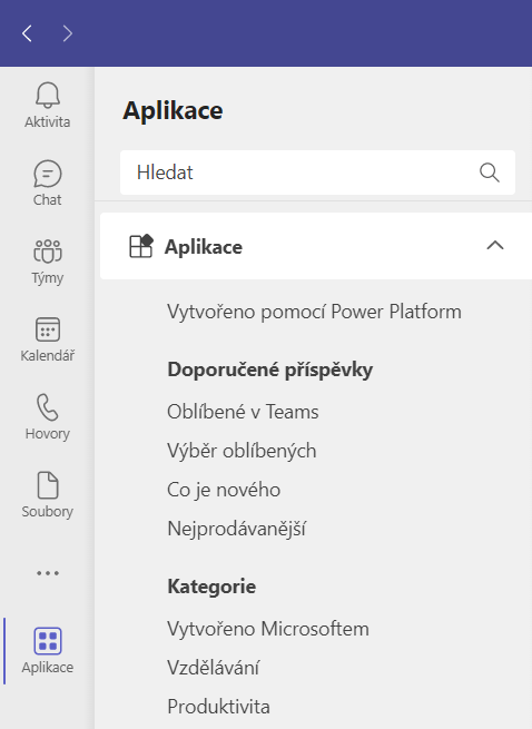 Otevřená karta aplikací v Microsoft Teams.