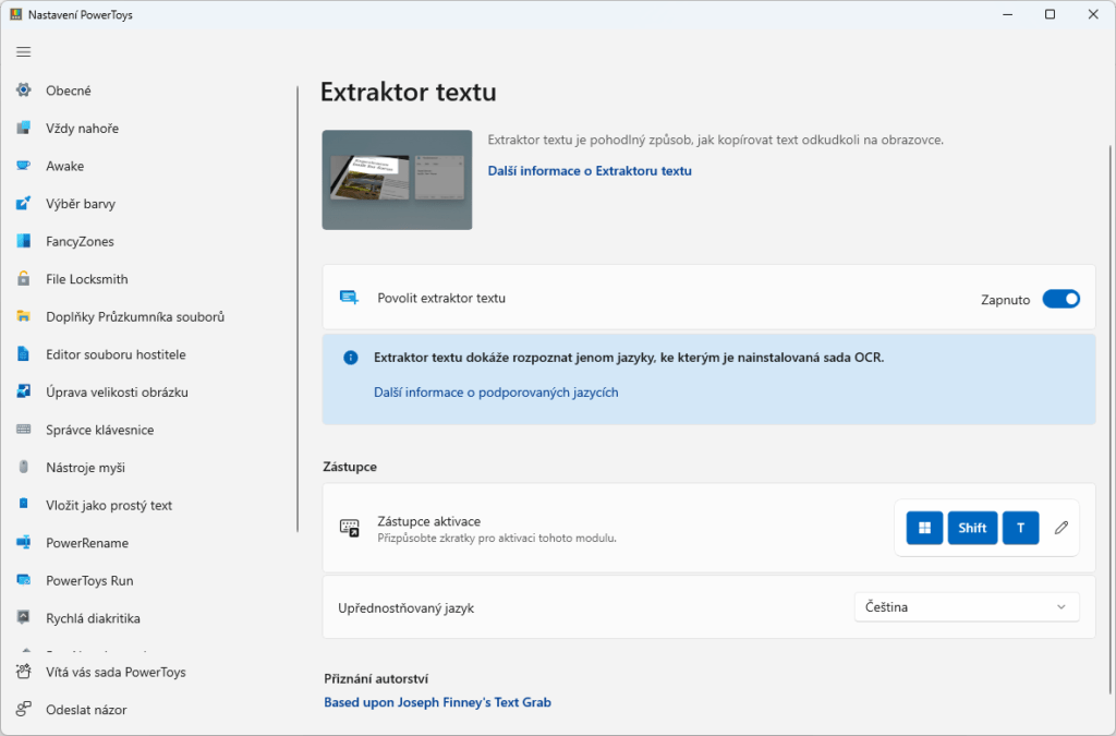 Okno nastavení funkce Extraktor textu v aplikaci PowerToys. Vlevo sloupec s dostupnými funkcemi.