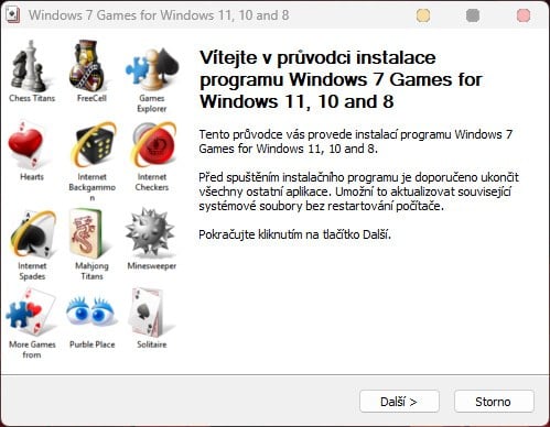 Úvodní stránka průvodce instalace programu Windows 7 her pro Windows 11, 10 a 8.