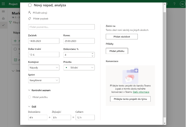 Úprava úkolu a způsob, jak projekt integrovat do aplikace Microsoft Teams.