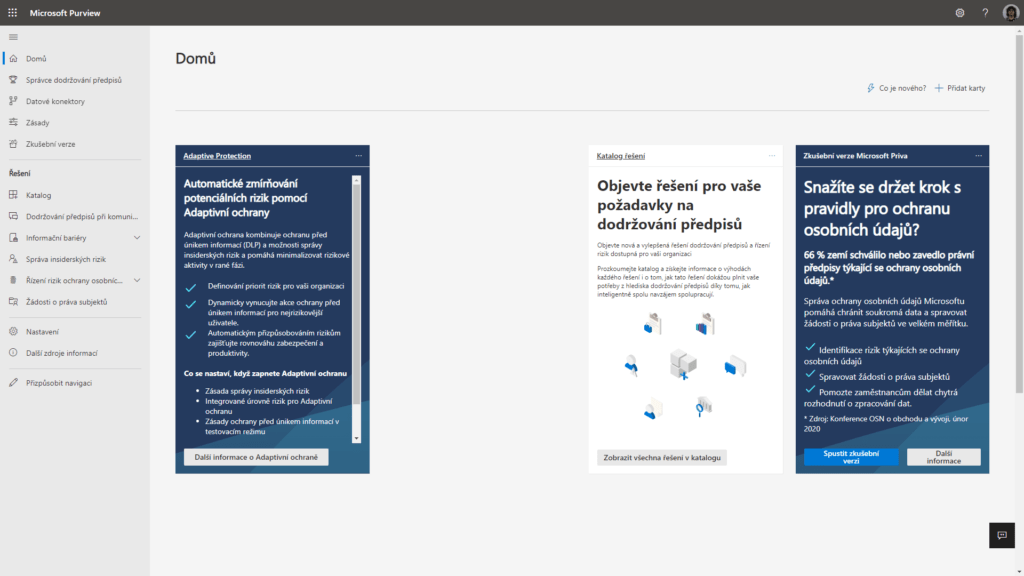 Na obrázku je Microsoft Purview Portal homepage.