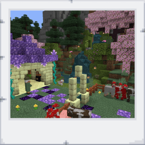 Na obrázku je Minecraft místo v lese s hodně stromy, vodopádem a altánkem s ametystovou střechou. Před ním je ohrada s dobytkem a drůbeží.