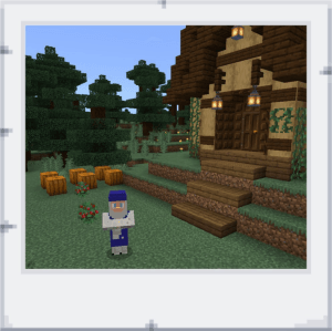 Na obrázku je minecraft les s chaloupkou a postavou s přehozem přes hlavu, jako nosí svaté.