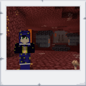 Na obrázku je minecraft nether dimenze, červená jeskyně s postavou kouzelníka v modrém hábitu s hvězdičkami.